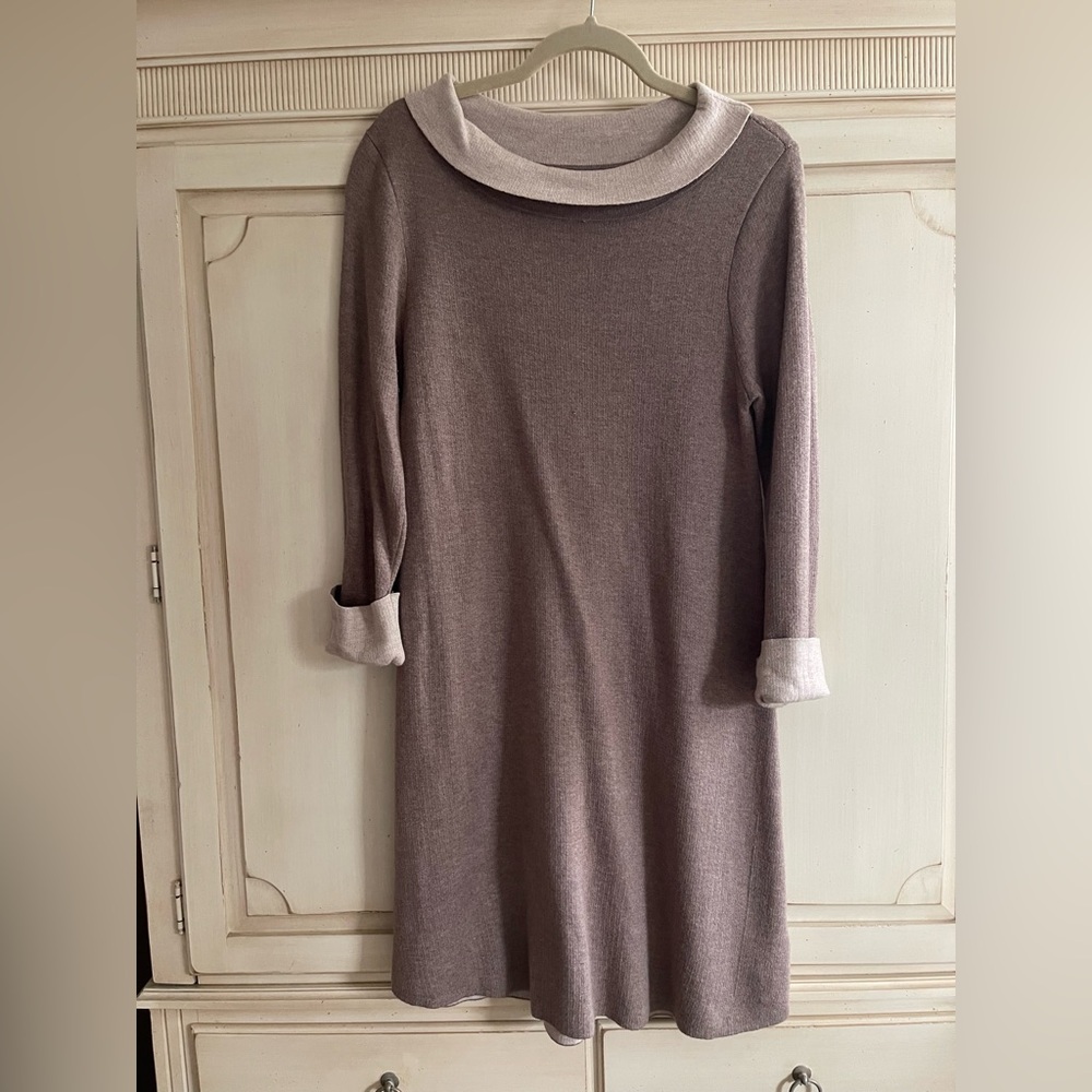 Adrienne Vittadini Long Sleeve Knit Dress Women’s Sz M Tan Cream Normcore